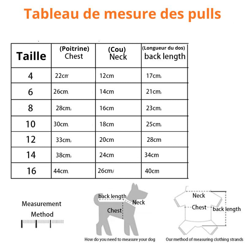 Pull pour chien taille-tableau