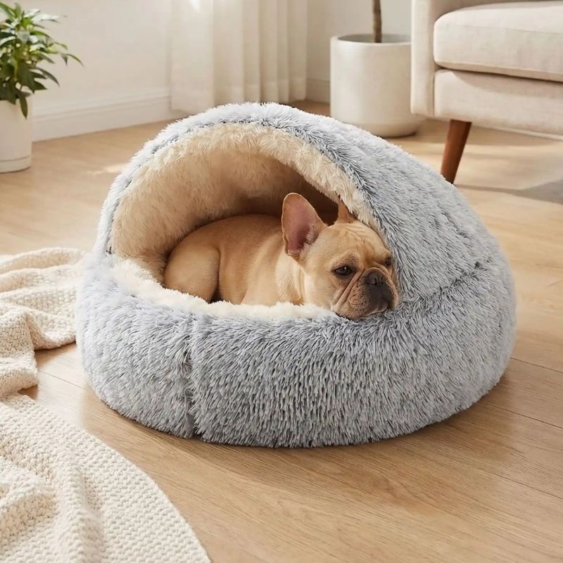 panier chien grotte gris doux